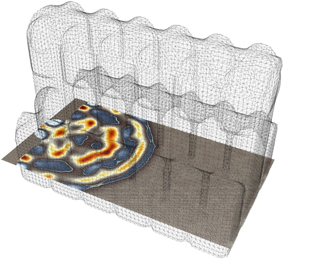 Cross-sectional slice of an acoustic wave field inside a cathedral scene