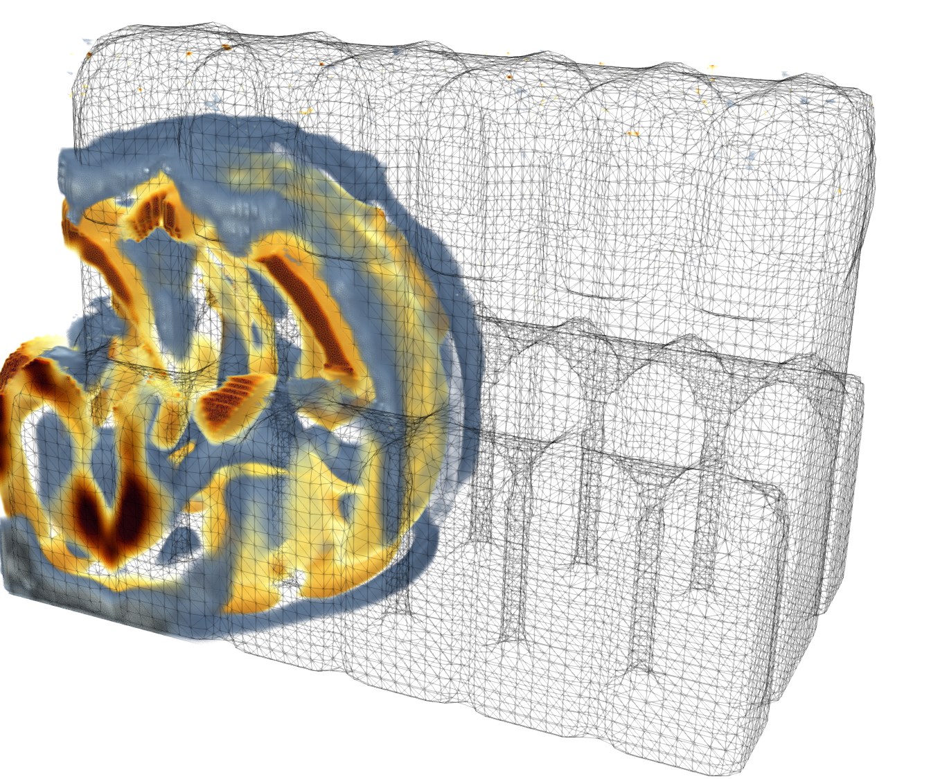 Volumetric acoustic wavefront propagating through a wireframe cathedral model