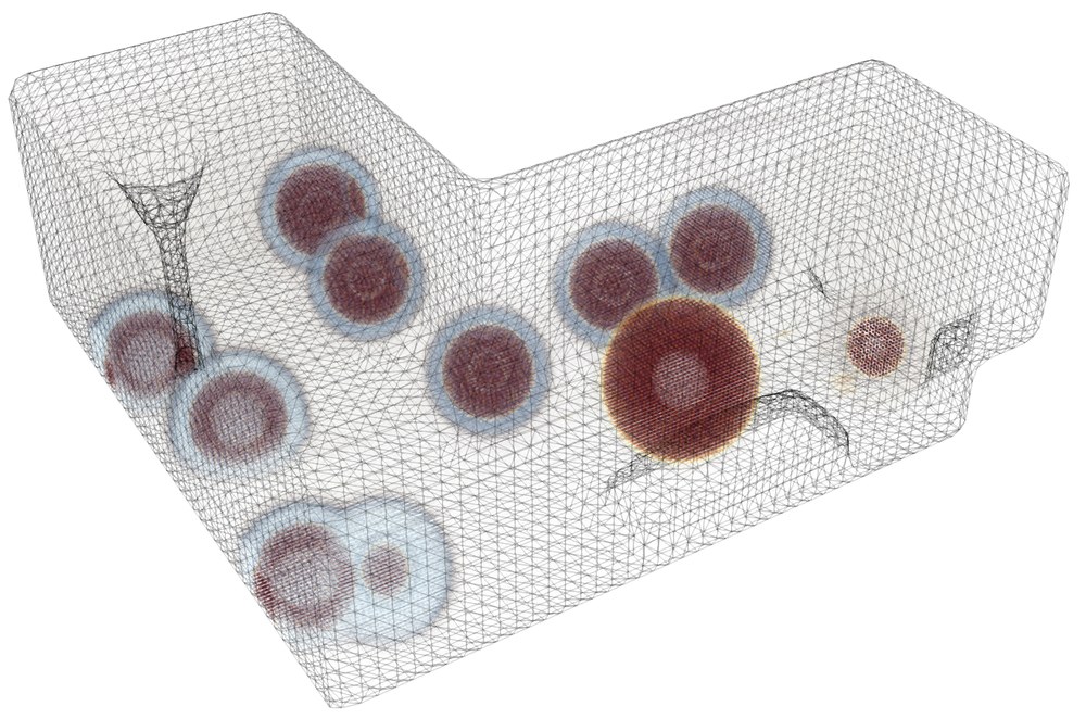 Multiple spherical acoustic wavefronts expanding through a wireframe room model