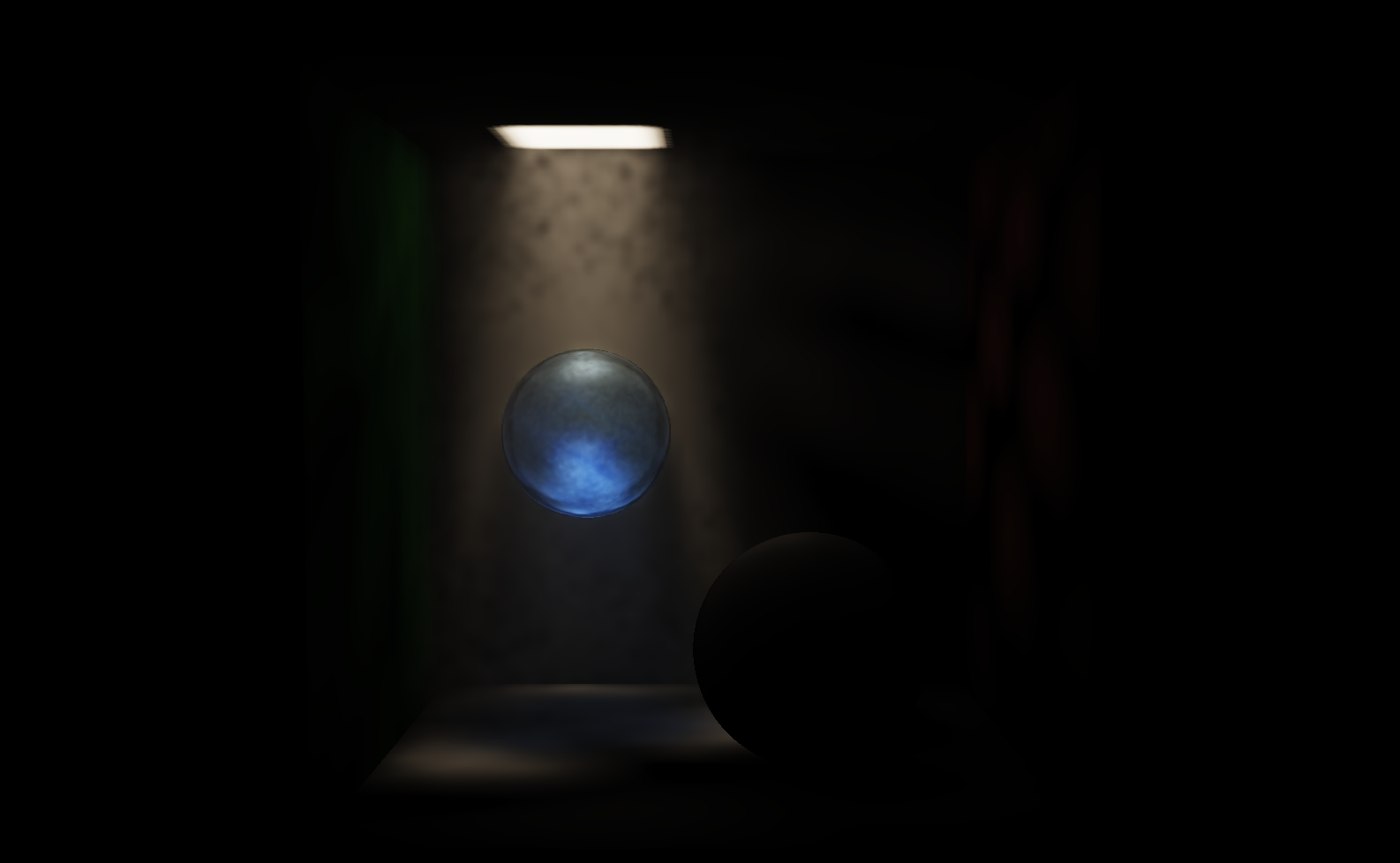 Wide view: the marble suspended in a visible light shaft passing through localized fog, stone sphere in shadow nearby