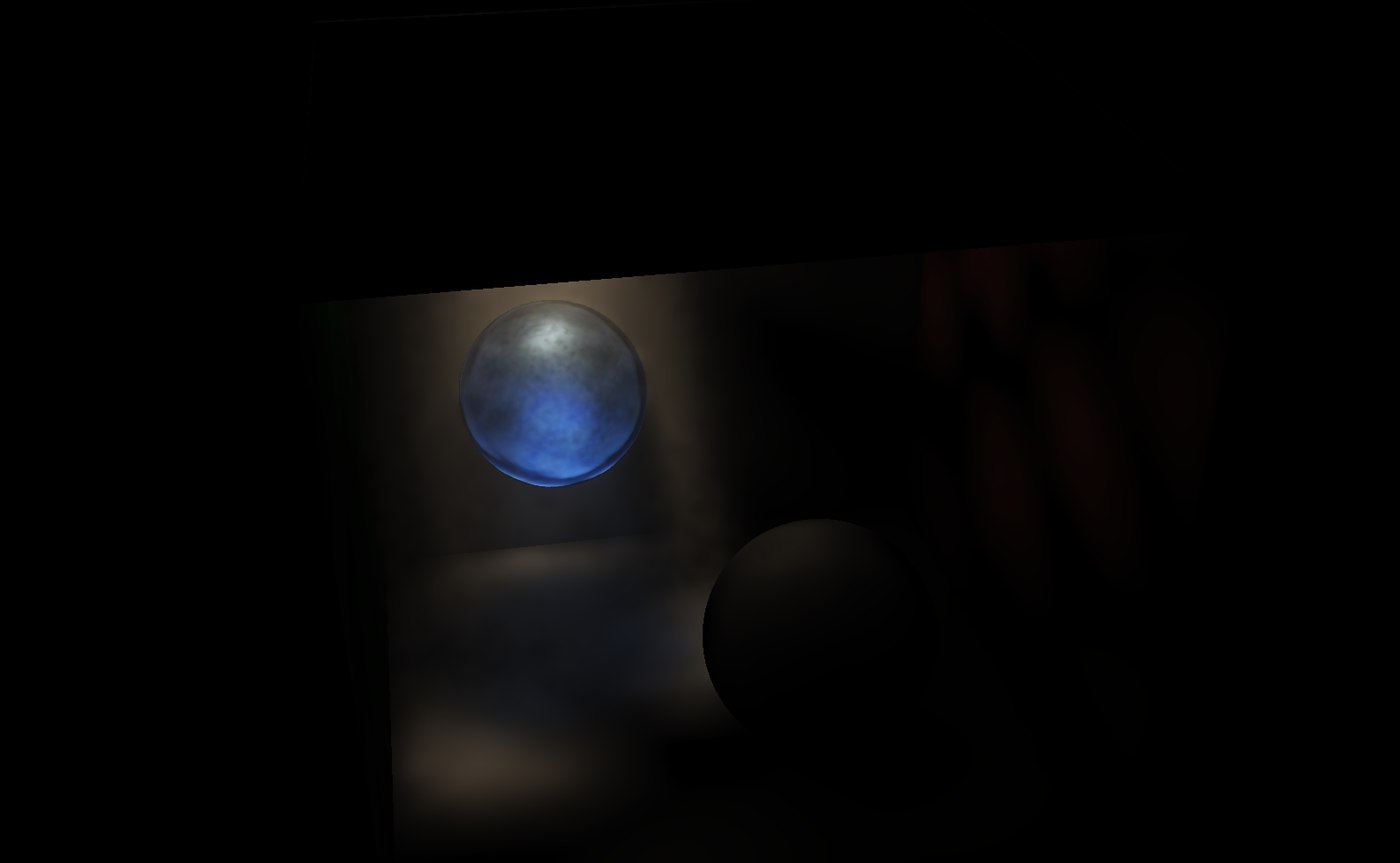 Low angle view: refracted light converging through the marble and pooling as a caustic beneath it