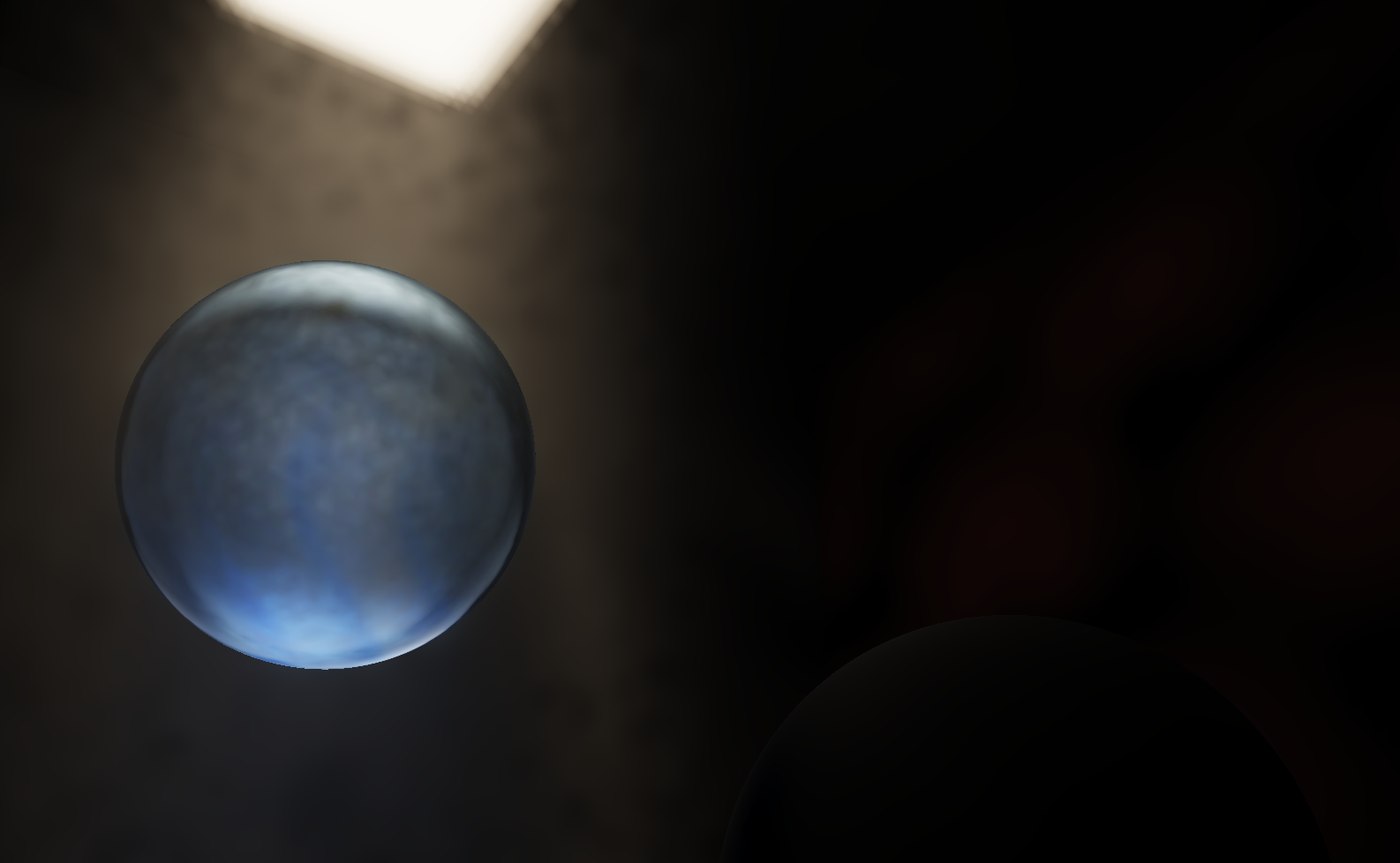 Interactive global-illumination render: textured Cornell-style scene with an emissive blue sphere, color bleed, and soft shadows